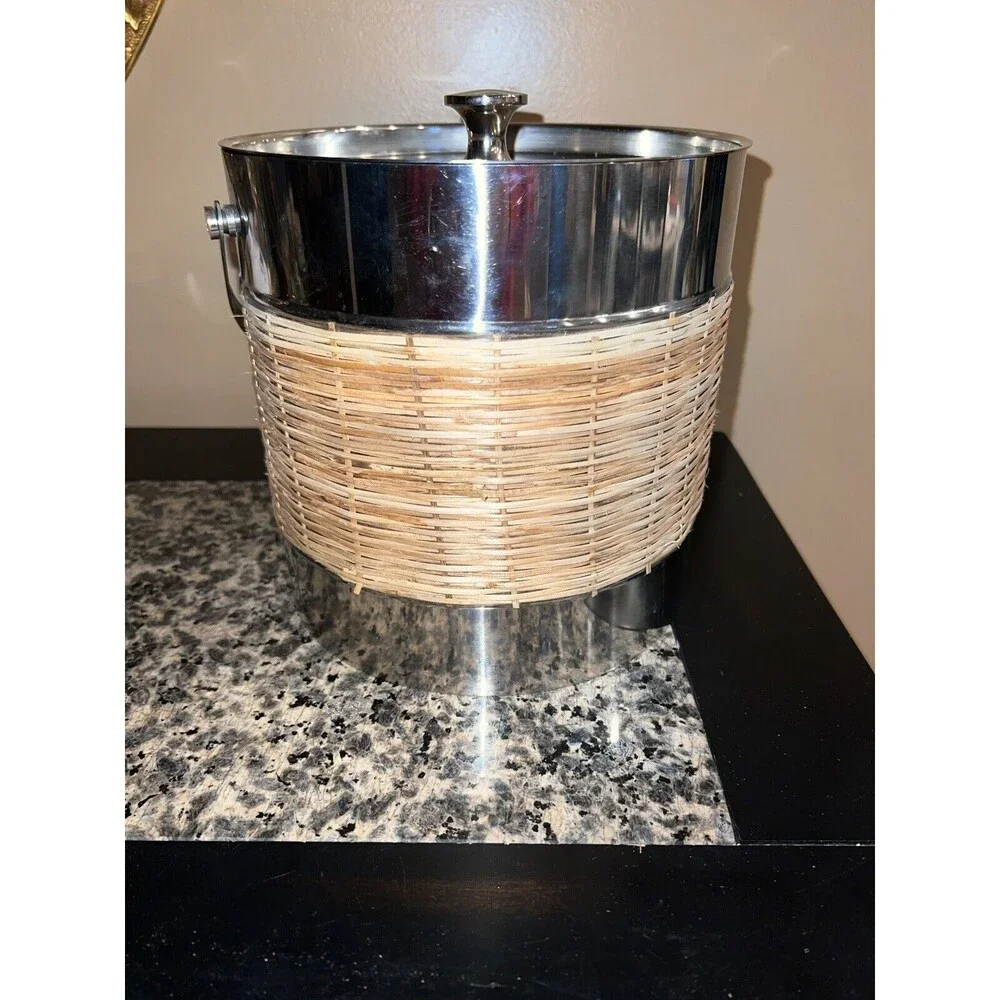Tommy Bahama Ice Bucket Stainless Steel Basket Weave Nautical Bar